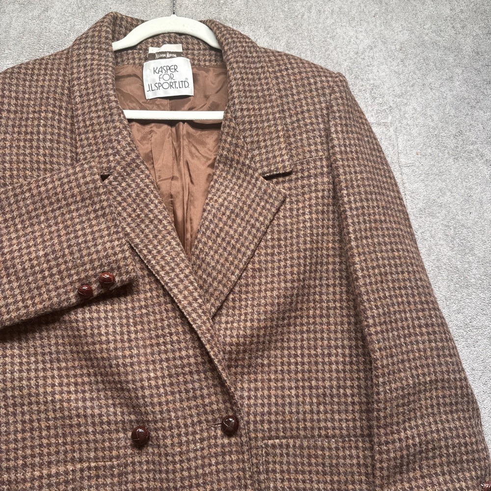 Double Breasted Wool Blazer Brown Houndstooth Women's Kasper Classic Jacket